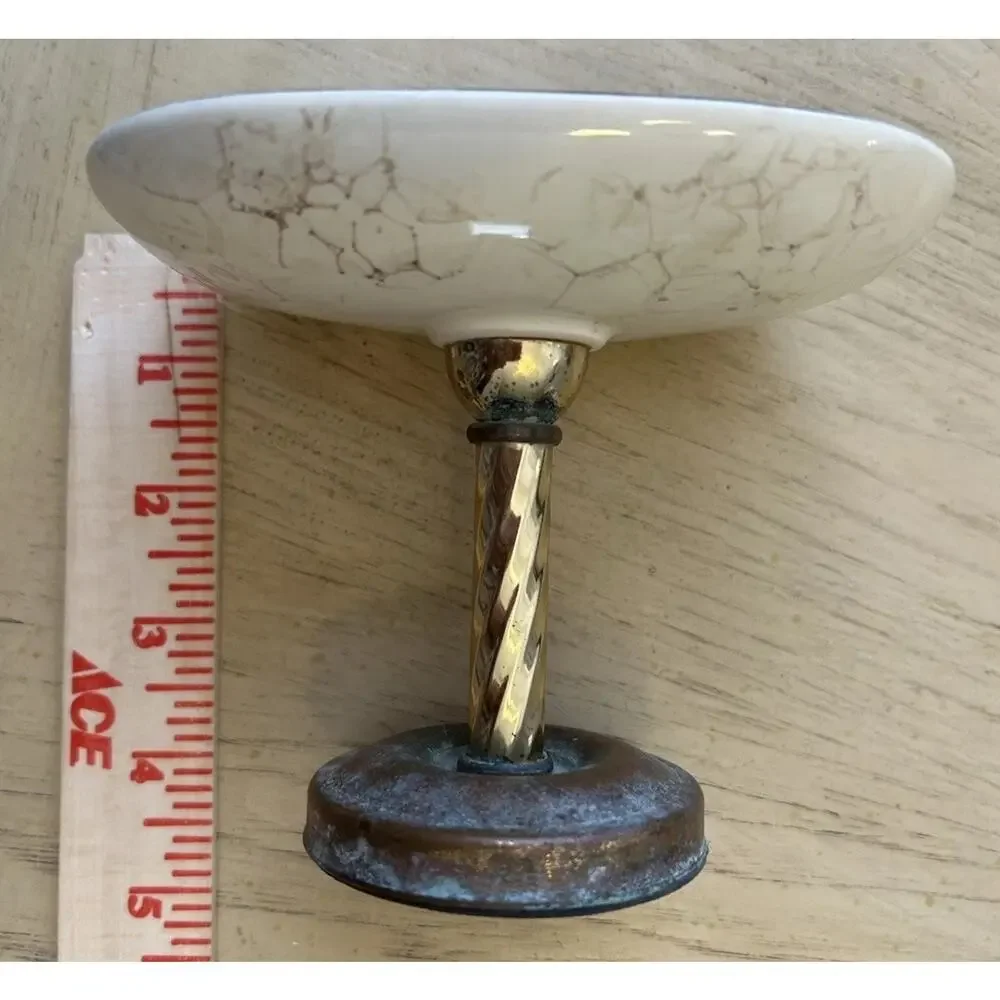 Vtg Brass Pedestal Soap Dish & Holder Porcelain Marbled Regency Decor Set 3
